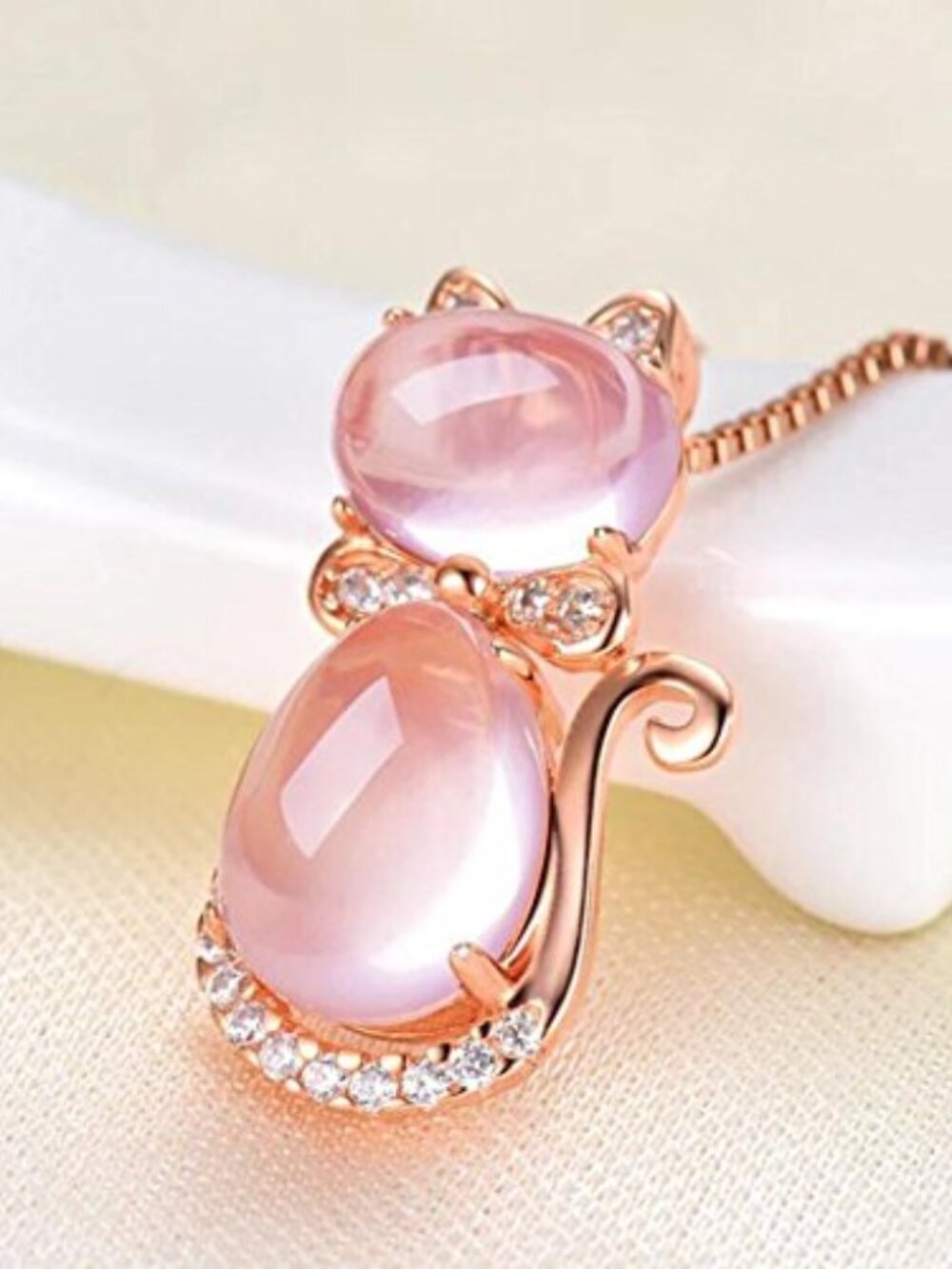 Pink cat pendant necklace ross Stone quartz opal cute rose‎ gold Silver plated